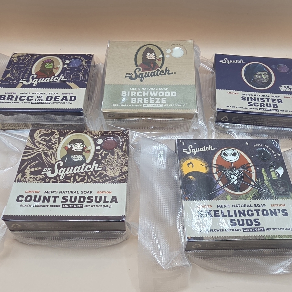 5 Dr. Squatch Soap Lot (Vacuum Sealed) Black Currant Vanilla Birch Bone Flower